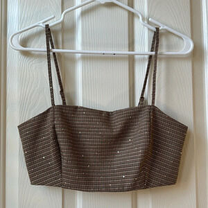 House Of Harlow 1960 spaghetti strap plaid bralette sequins brown XS